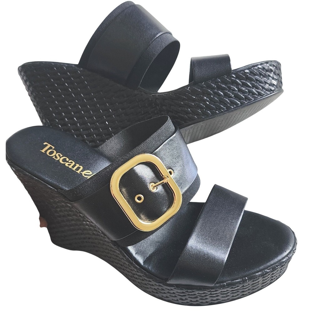 Toscanella Womens Black Platform Wedge Sandals Gold Buckle Made in Italy Size 8